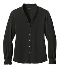 Brooks Brothers Woven Shirts XS / Deep Black Brooks Brothers - Women's Long Sleeve Ruffle Collar Blouse