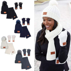 Leeman Headwear Leeman - 3-Piece Rib Knit Fur Pom Winter Set