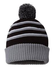 Richardson Headwear One Size / Black/Grey/White Richardson - Striped Pom Cuffed Beanie