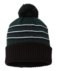 Richardson Headwear One Size / Dark Green/Black/White Richardson - Striped Pom Cuffed Beanie