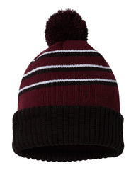 Richardson Headwear One Size / Maroon/Black/White Richardson - Striped Pom Cuffed Beanie