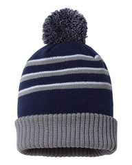 Richardson Headwear One Size / Navy/Grey/White Richardson - Striped Pom Cuffed Beanie