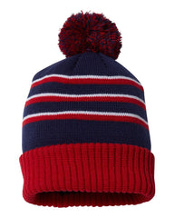 Richardson Headwear One Size / Navy/Red/White Richardson - Striped Pom Cuffed Beanie