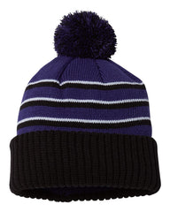 Richardson Headwear One Size / Purple/Black/White Richardson - Striped Pom Cuffed Beanie